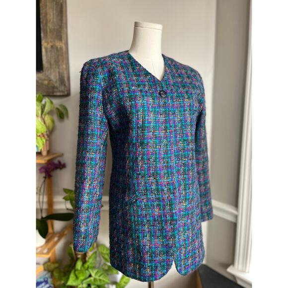 Vintage 90s Tweed Jacket Blue Purple Pink Spring Classy Size Small - Picture 2 of 5